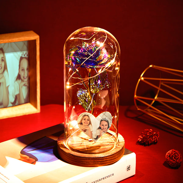 [CUSTOM] Heart-Shaped Photo Colourful Simulation Eternal Rose Flower LED Night Light Forever Roses In Glass Dome: Valentine's Day