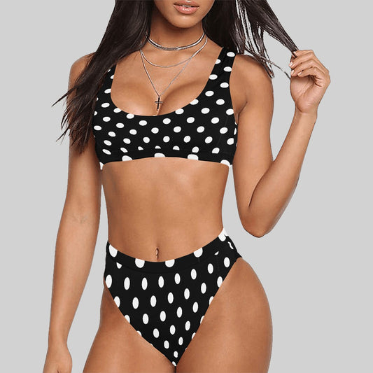 Sport Top & High-Waisted Bikini Swimsuit: White Polka Dots (8 Colours)