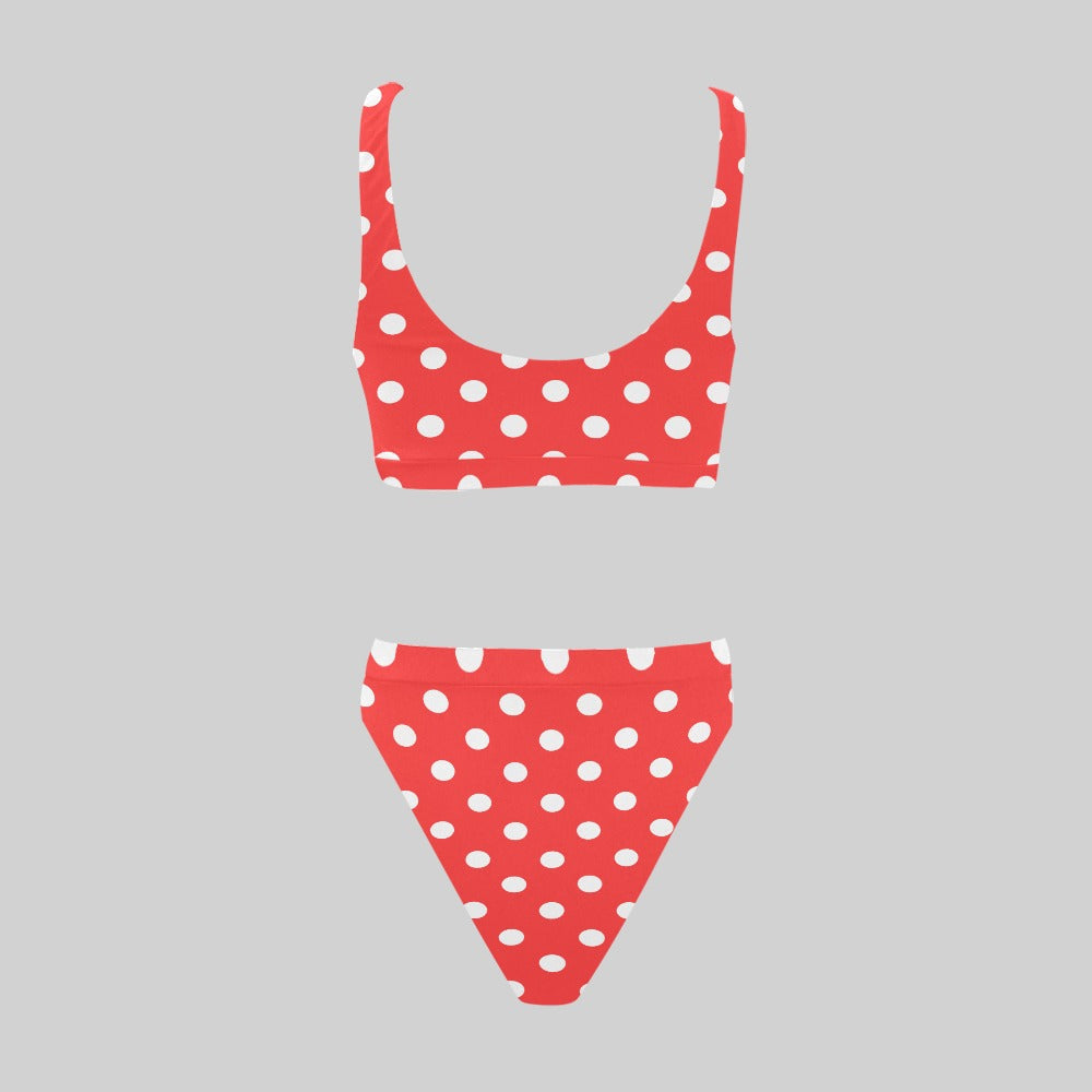 Sport Top & High-Waisted Bikini Swimsuit: White Polka Dots (8 Colours)