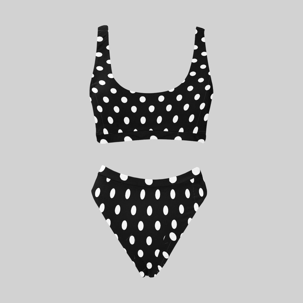 Sport Top & High-Waisted Bikini Swimsuit: White Polka Dots (8 Colours)