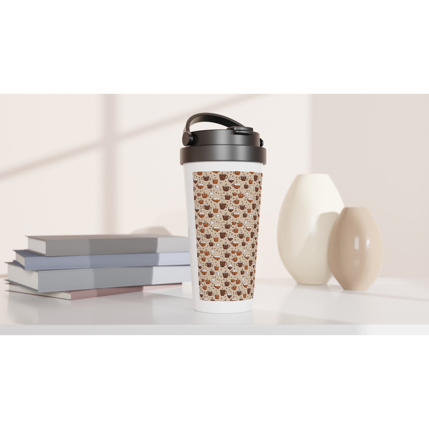 White 15oz Stainless Steel Travel Mug: Coffee and Tea 01