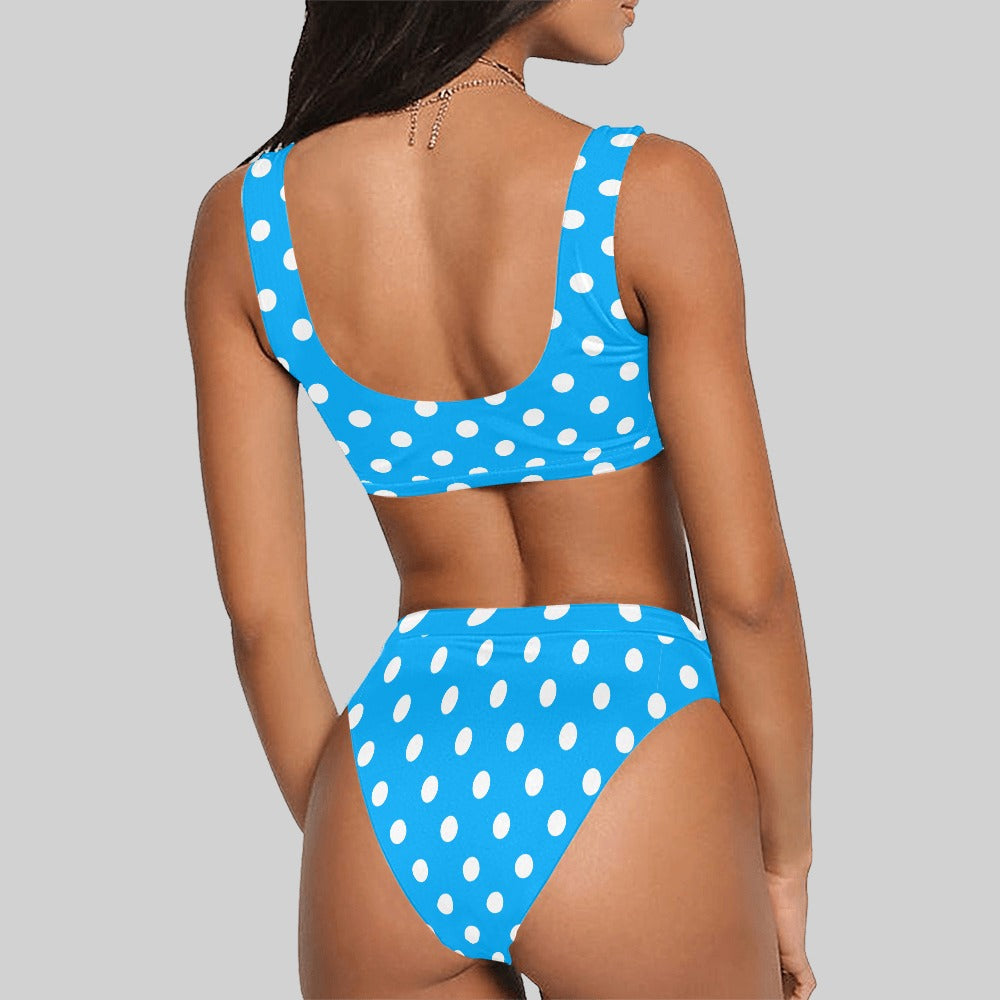 Sport Top & High-Waisted Bikini Swimsuit: White Polka Dots (8 Colours)