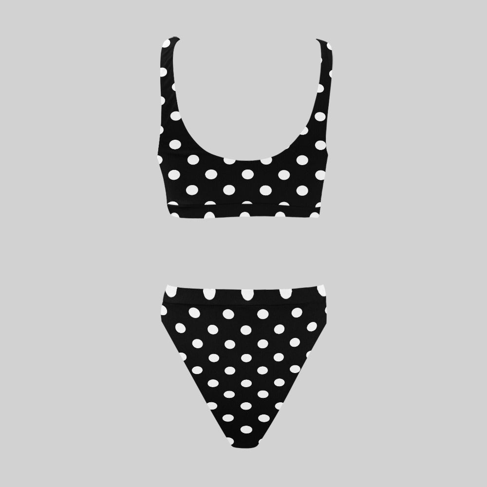 Sport Top & High-Waisted Bikini Swimsuit: White Polka Dots (8 Colours)