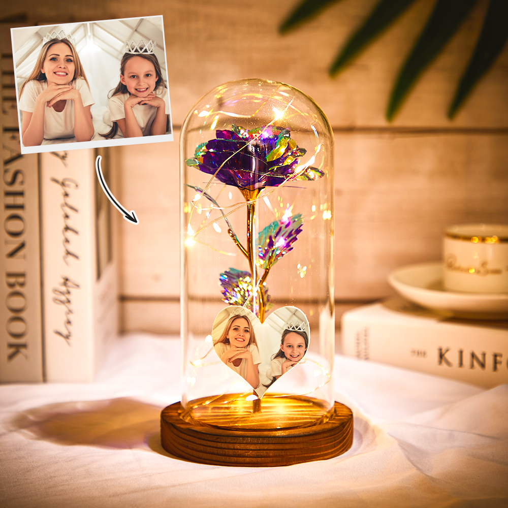 [CUSTOM] Heart-Shaped Photo Colourful Simulation Eternal Rose Flower LED Night Light Forever Roses In Glass Dome: Valentine's Day