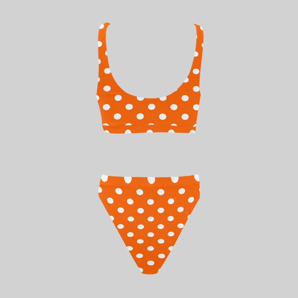 Sport Top & High-Waisted Bikini Swimsuit: White Polka Dots (8 Colours)