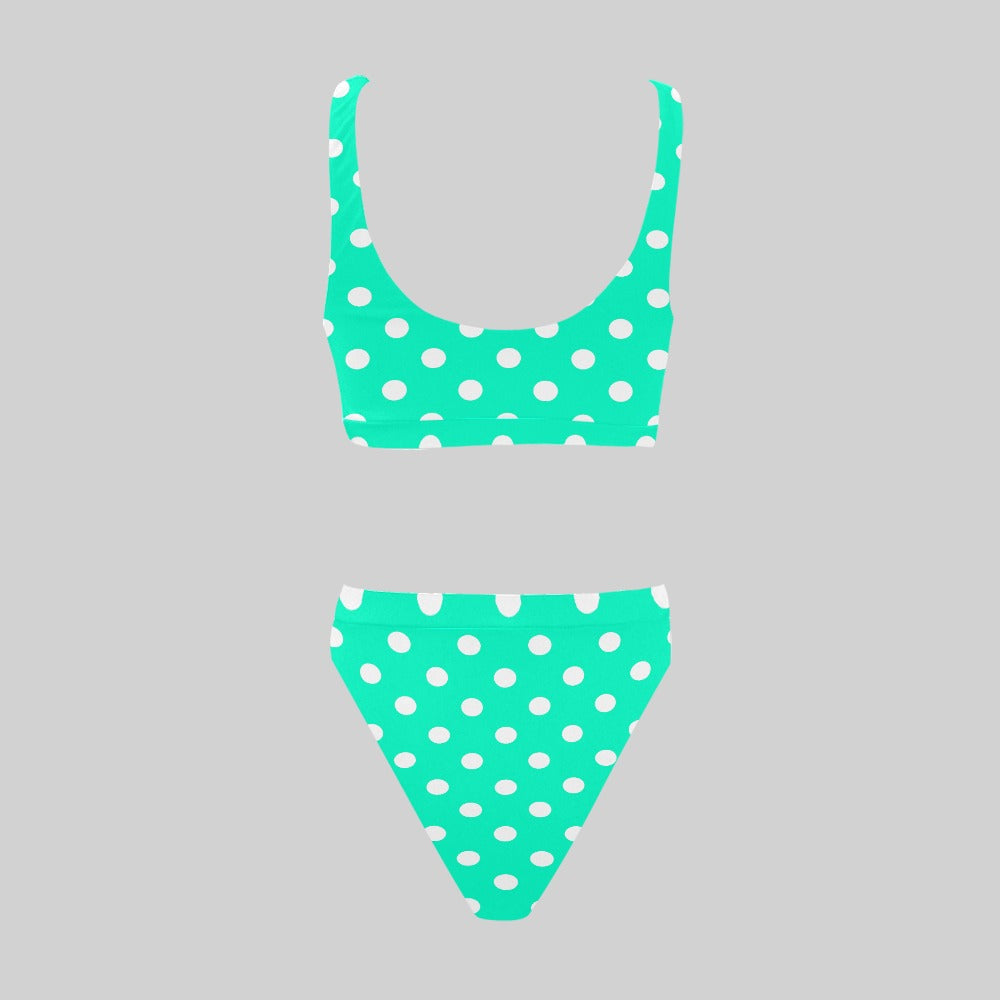 Sport Top & High-Waisted Bikini Swimsuit: White Polka Dots (8 Colours)