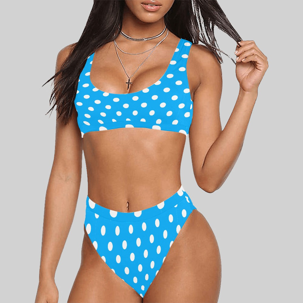 Sport Top & High-Waisted Bikini Swimsuit: White Polka Dots (8 Colours)