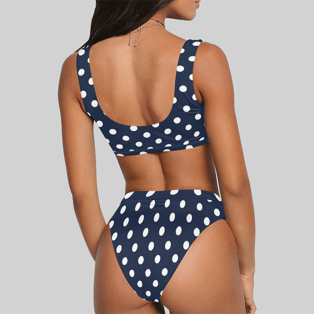 Sport Top & High-Waisted Bikini Swimsuit: White Polka Dots (8 Colours)