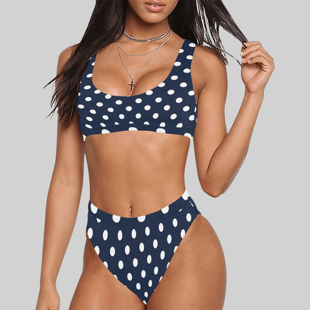 Sport Top & High-Waisted Bikini Swimsuit: White Polka Dots (8 Colours)