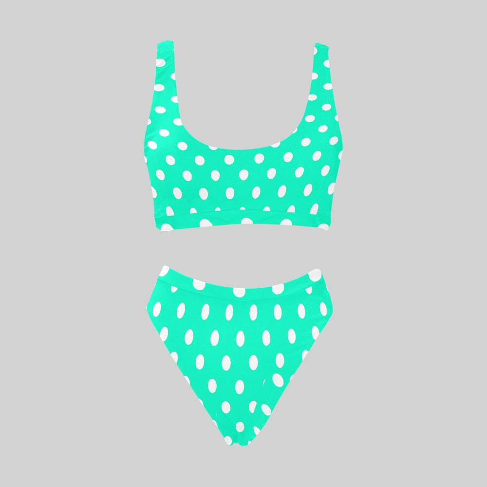 Sport Top & High-Waisted Bikini Swimsuit: White Polka Dots (8 Colours)