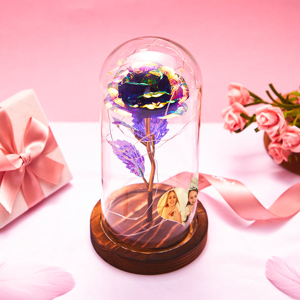 [CUSTOM] Heart-Shaped Photo Colourful Simulation Eternal Rose Flower LED Night Light Forever Roses In Glass Dome: Valentine's Day