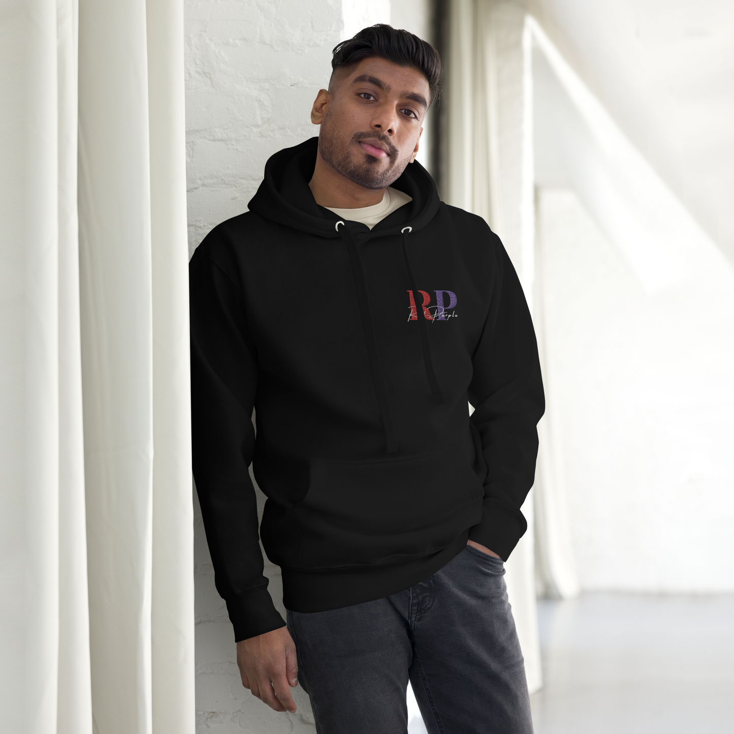 Embroidered Unisex Hoodie: Red-Purple - Logo